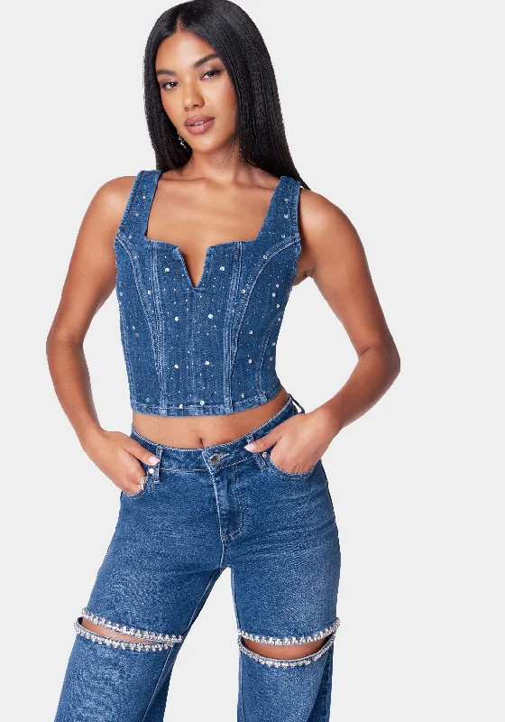 women's long-sleeved dressesRhinestone Detail Denim Bustier