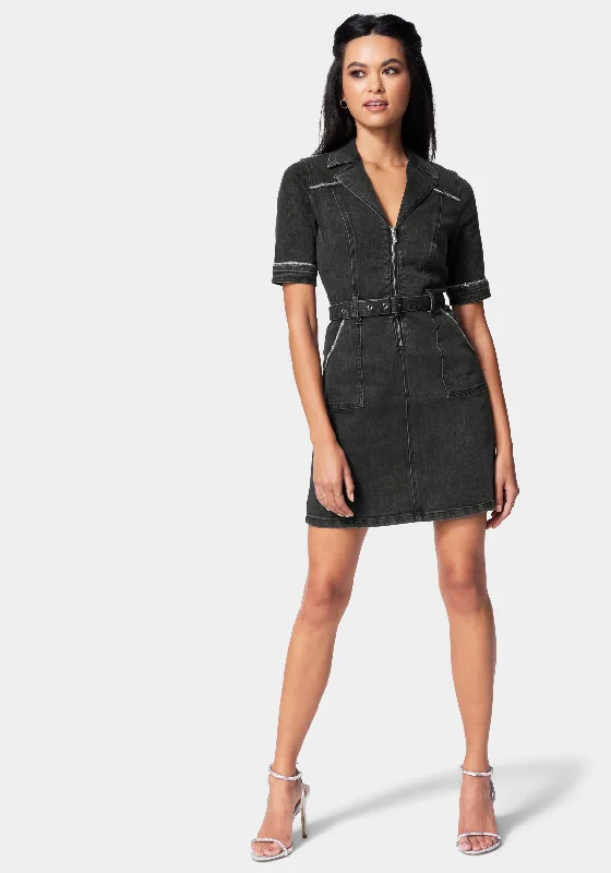 women's high-low dressesRhinestone Trim Denim Dress