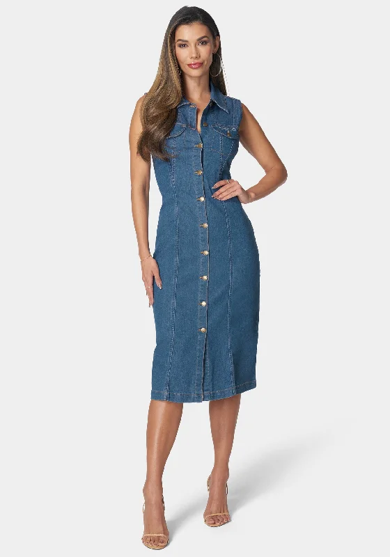 women's cocktail dressesSleeveless Front Button Denim Dress