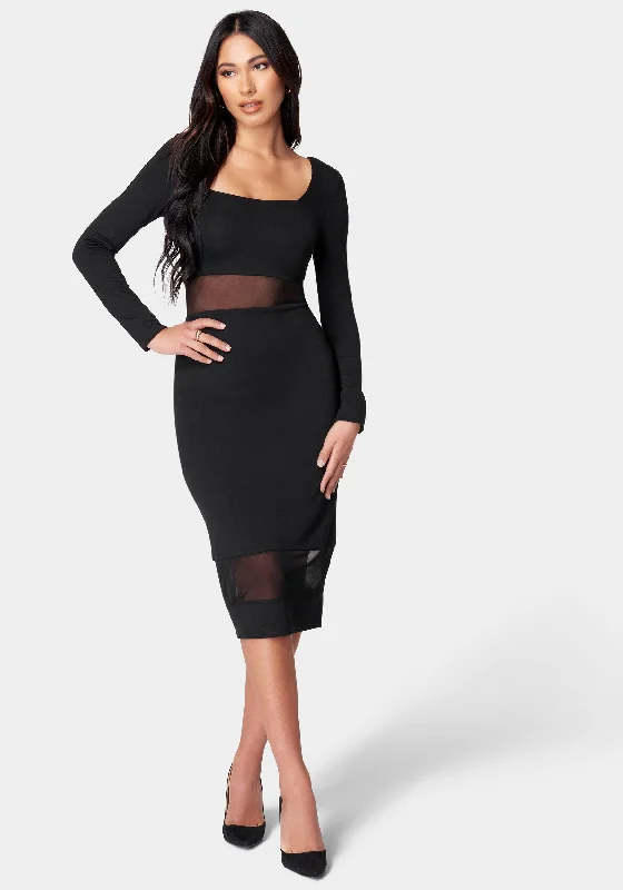 women's mini dressesSquare Neck Mesh Inset Dress