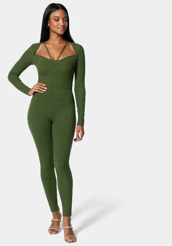 women's long-sleeved dressesStrappy Neck Rib Catsuit