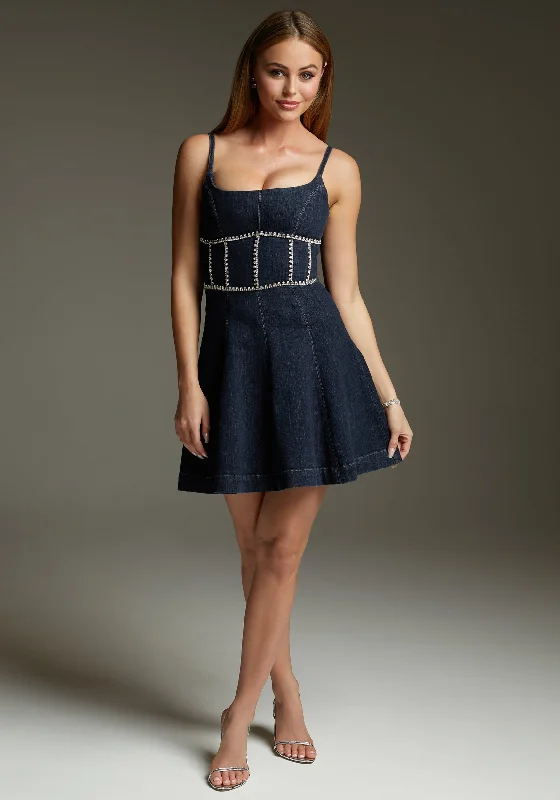 women's work dressesbebe Fit & Flare Denim Dress Embellished With Crystals by Swarovski