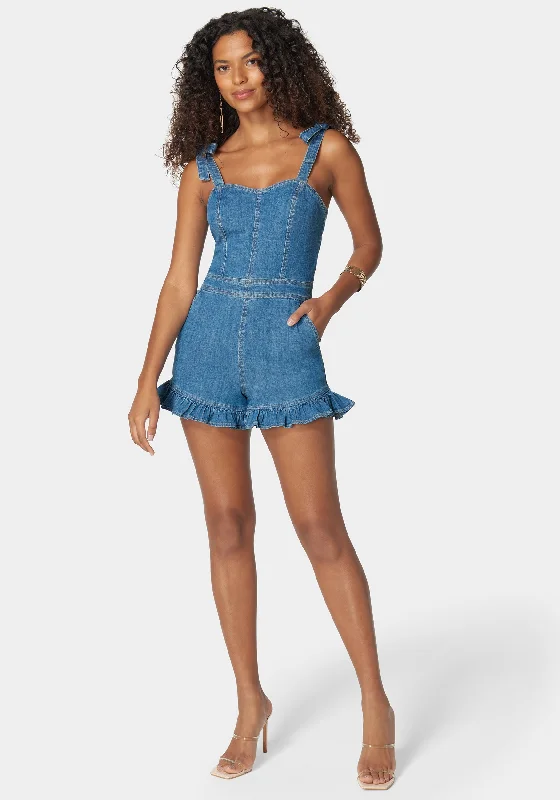 women's everyday dressesTie Strap Ruffle Detail Denim Romper