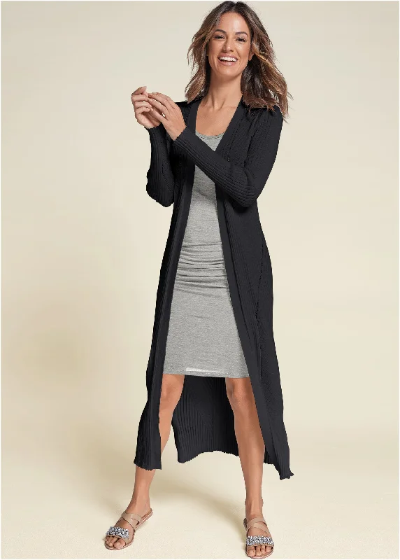 women's ruffle dressesLong Ribbed Duster - Black