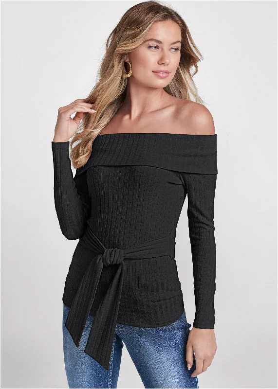 women's evening dressesRibbed Off-The-Shoulder Top - Black