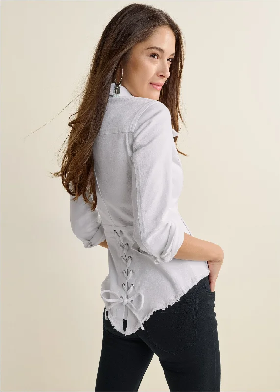 women's breathable dressesLace-Up Back Denim Top - White Denim