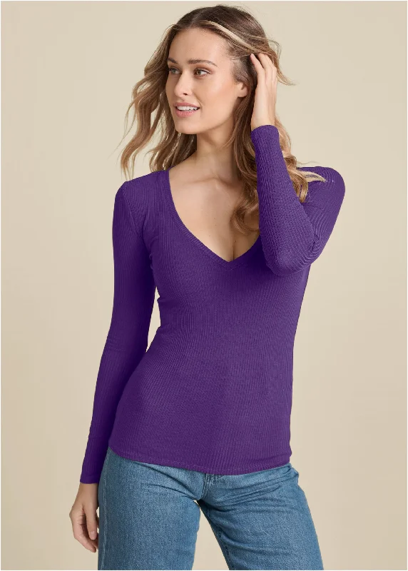 women's prom dressesRibbed Long Sleeve V-Neck - Dark Purple