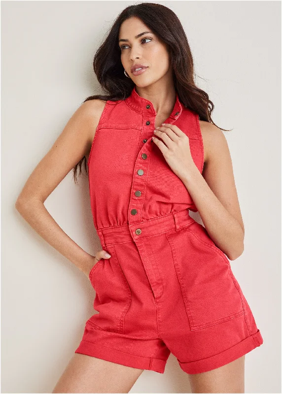 women's mother of the bride dressesTwill Utility Romper - Scarlet