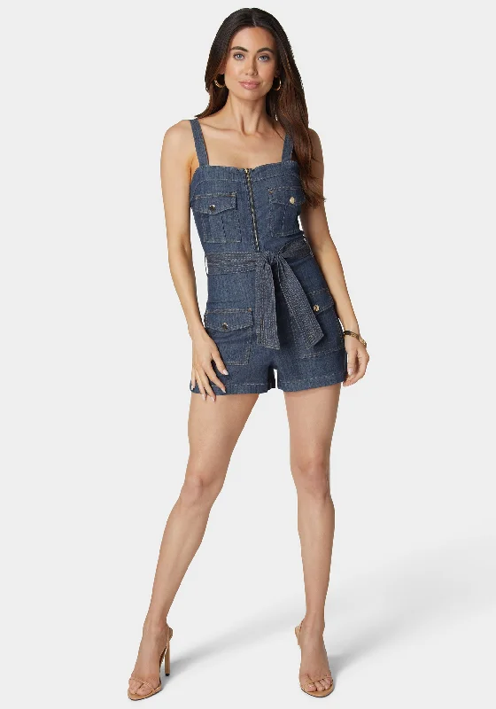 women's halter dressesZip Front Belted Cargo Denim Romper