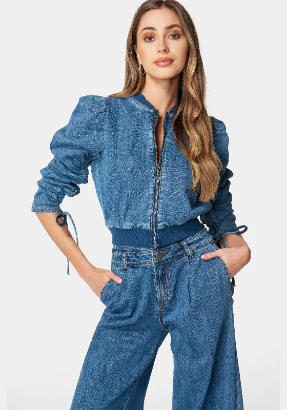 women's chiffon dressesZip Front Ruched Sleeves Denim Jacket