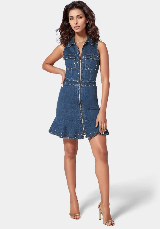 women's high-end dressesZip Front Stud Detail Fit And Flare Denim Dress