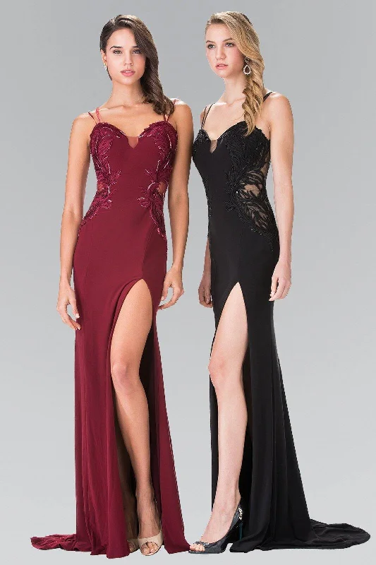 women's lace dressesEmbroidery Jersey Long Prom Dress with Side Slit