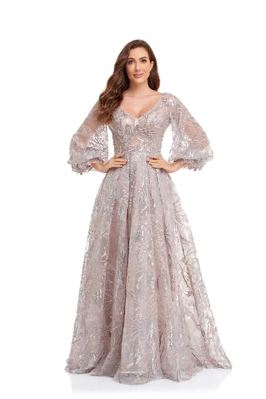 women's eco-friendly dressesHigh Couture NR2225 Prom Long Puff Sleeve Glitter Ball Gown