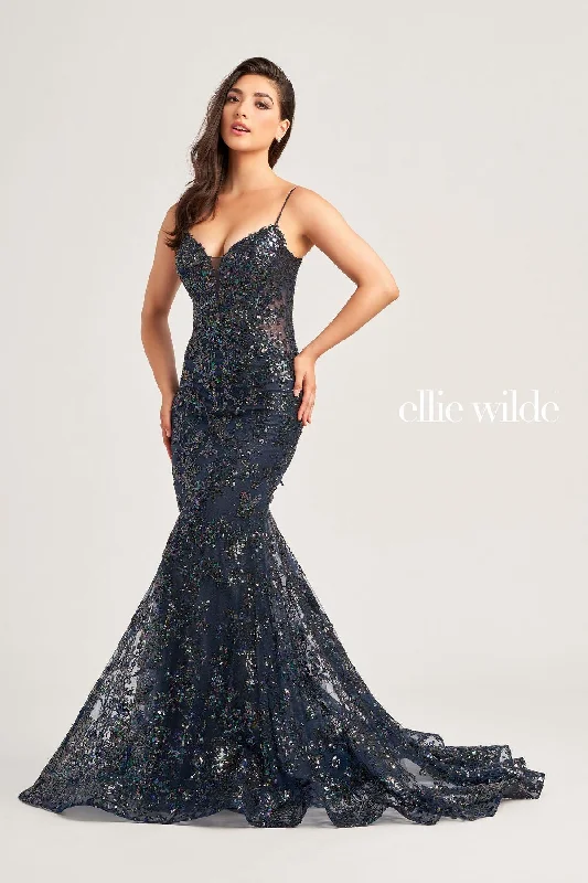 women's denim dressesEllie Wilde EW35013 Prom Fitted Formal Glitter Long Gown