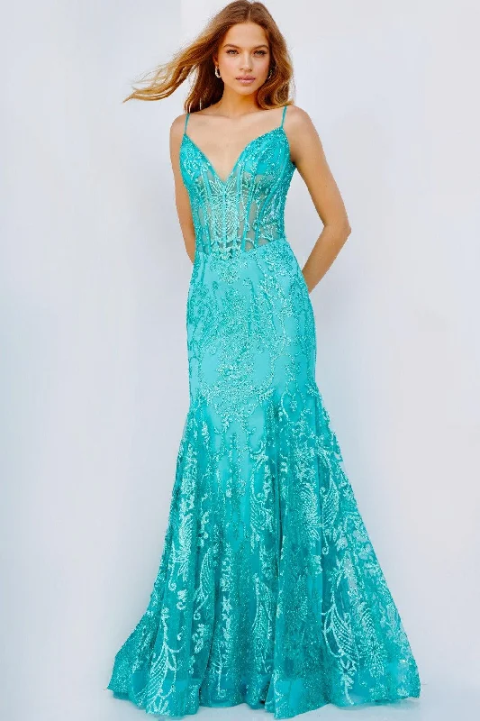 women's lace dressesJovani 22388 Long Spaghetti Strap Lace Mermaid Prom Gown