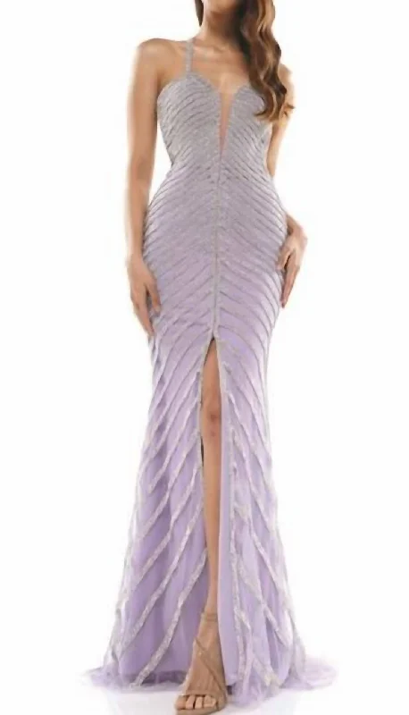 women's stretch dressesFloral Lace Gown In Lilac