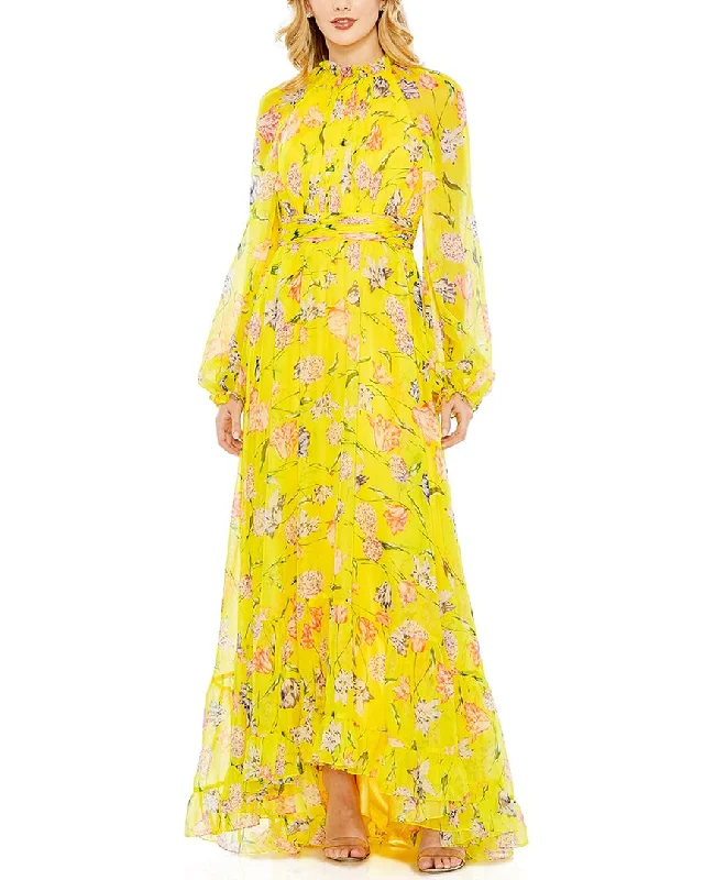 women's everyday dressesMac Duggal Floral Print Chiffon Ruched Raglan Sleeve Gown