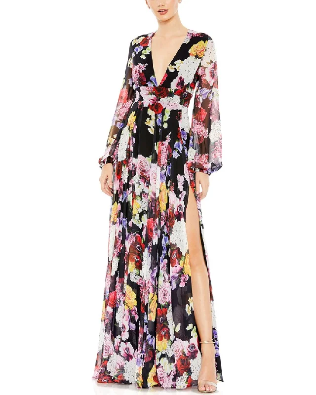 women's sustainable dressesMac Duggal Floral Print Illusion V Neck Gown