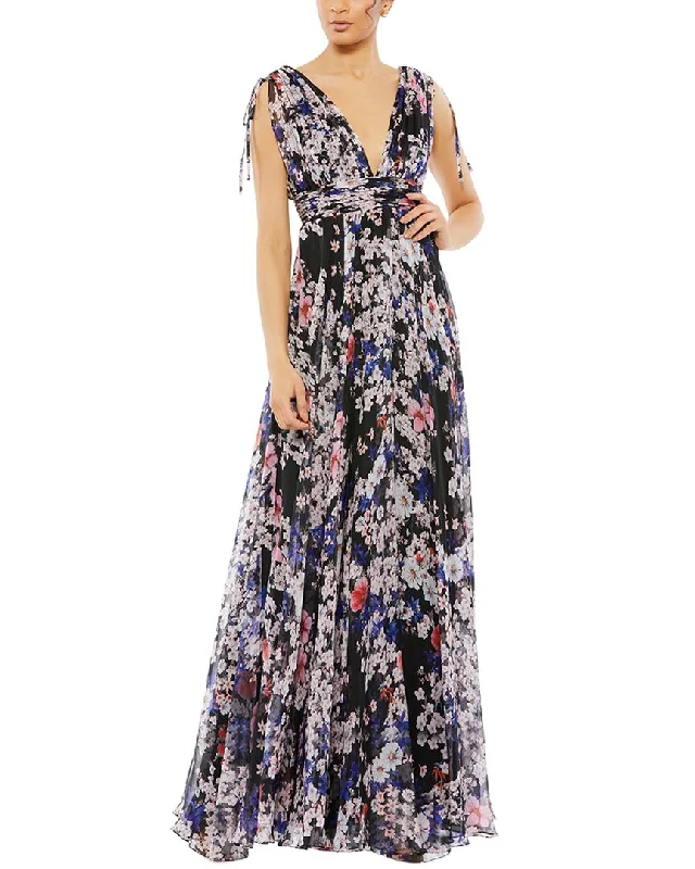 women's cotton dressesMac Duggal Pleated V Neck Shoulder Tie Flowy Gown