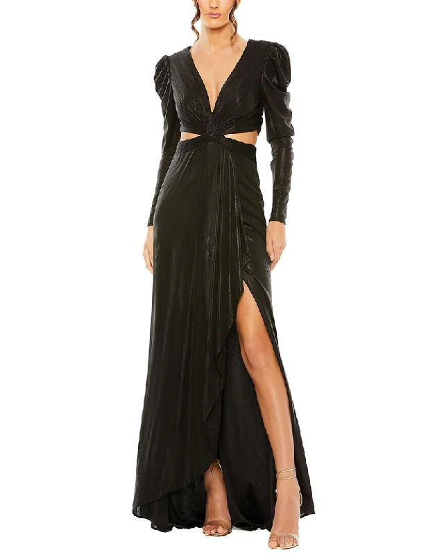 women's sheath dressesMac Duggal Princess Sleeve Cutout Metallic Gown