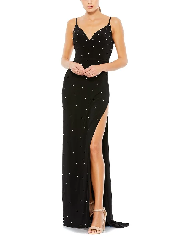 women's denim dressesMac Duggal Rhinestone Embellished V-Neck Gown