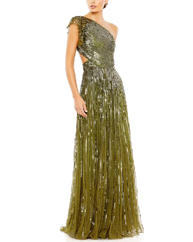 women's vacation dressesMac Duggal Sequined One-Shoulder Flutter Sleeve A-Line Gown